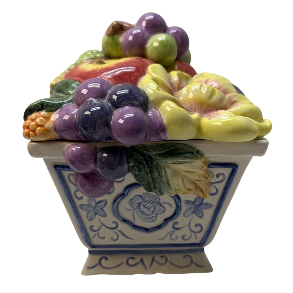 Fitz and Floyd Classics Handcrafted China Fruit Lid Candle Jar Blue White Base